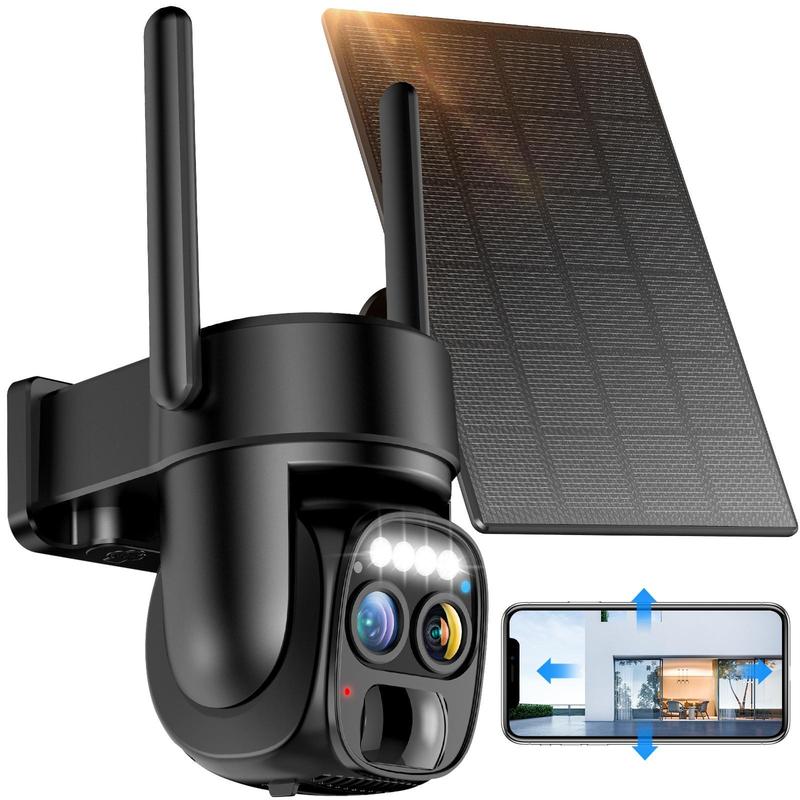 Solar Security Wireless Outdoor Camera,10X Zoom,2K Resolution 360° Pan Tilt Control,WiFi Battery Powered Camera with Spotlight Siren PIR Motion Detection