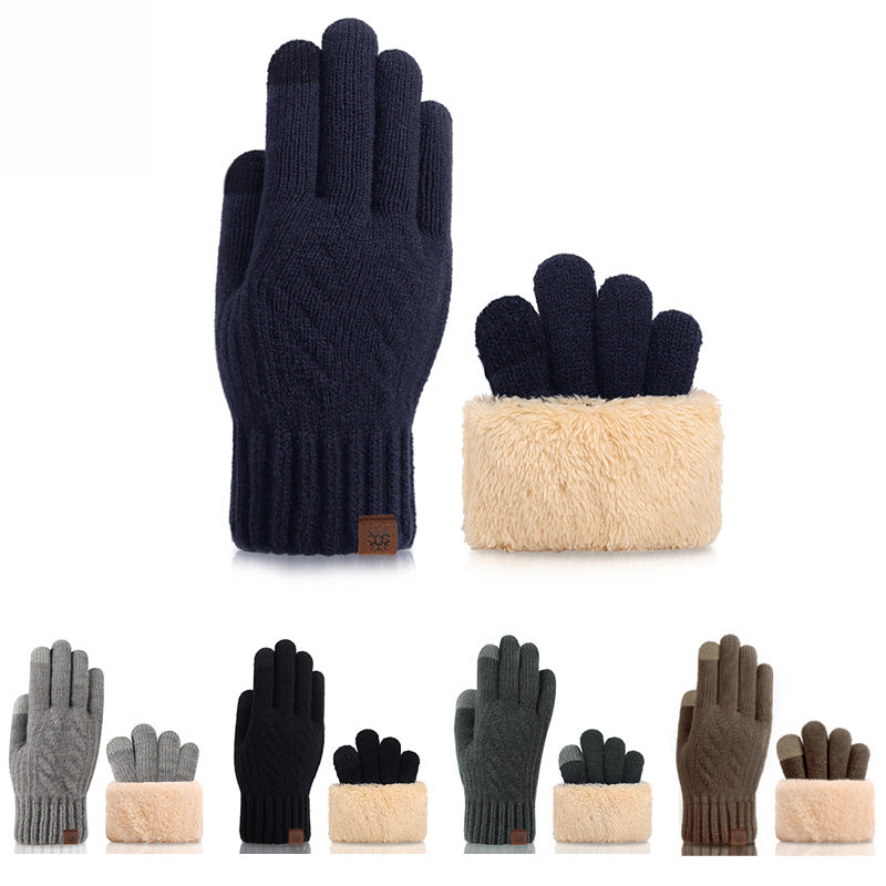 Fleece-lined Thick Twist Knitted Gloves Men's Cold-Proof Touch Screen Warm Gloves Wool Outdoor Windproof Gloves Winter