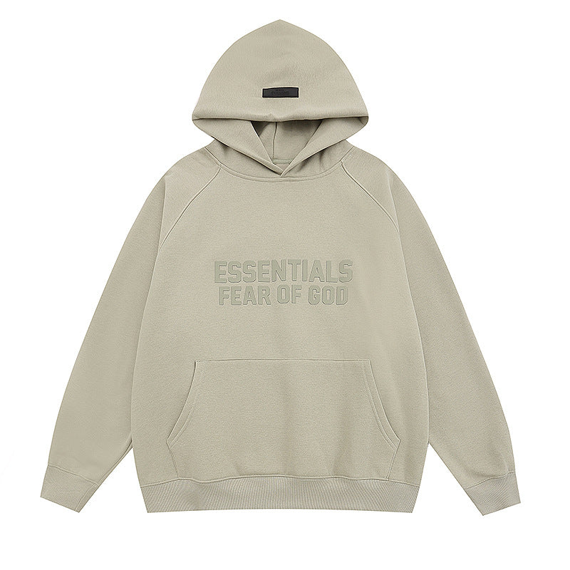 FQG Double-Line ESSENTIALS Hooded Sweatshirt with 3D Silicone Letter Print Unisex Loose Hoodie