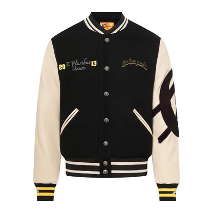 GODSPEED Heavy Embroidery PU Leather Patchwork Jacket Coat Unisex Woolen Padded Baseball Jacket