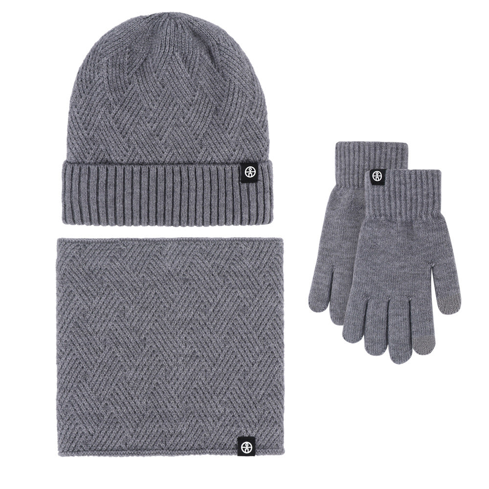 Winter neck warm three-piece hat, scarf and gloves three-piece knitted and fleece-thickened winterproof wool suit