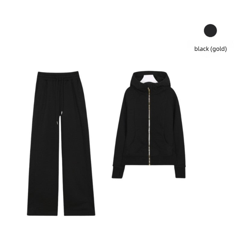 LULU Embroidered Hooded Zipper Cardigan Slim Fit Sweatshirt Set Fleece Lined Full Zipper Cardigan Jacket Gold Label