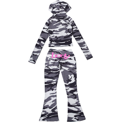 2025 Autumn Women's New Fashion Hooded Camouflage Print Long Sleeve Sports Trendy Slim Fit Long Pants Two-Piece Set