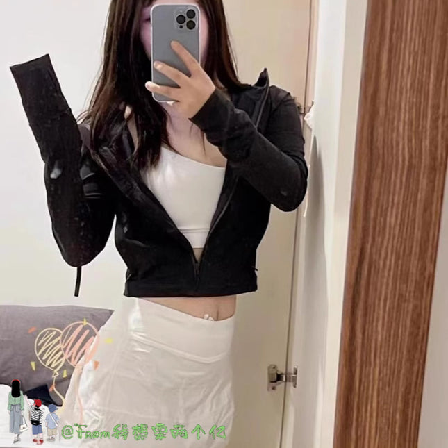 Lulu Same Style Short Mesh Hooded Jacket Yoga Clothes Mesh Define Sports Thin Casual Jacket Women