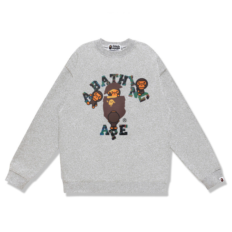 Terry Sweatshirt with Ape Man Letter Print, Unisex, Pure Cotton, Loose Fit, Thin, Crew Neck Pullover Top, Outerwear