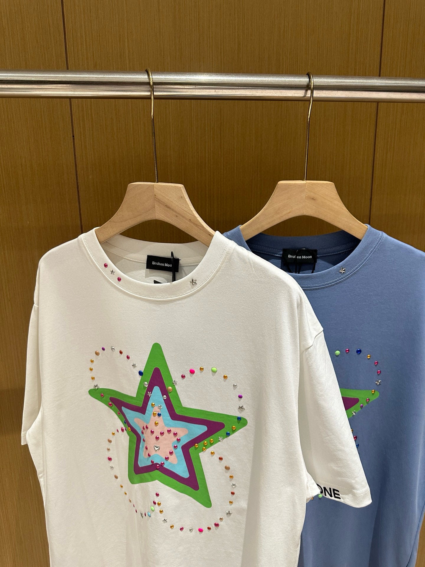 Teddy bear-shaped colorful star rhinestone letter round neck loose short sleeve T-shirt for men and women P63