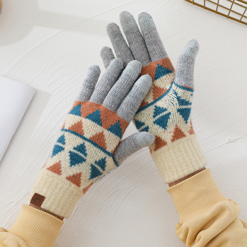 2024 Winter Popular Japanese Wool Knitted Plaid Gloves Fleece-lined Thickened Cycling Five-Finger Touch Screen Warm Gloves