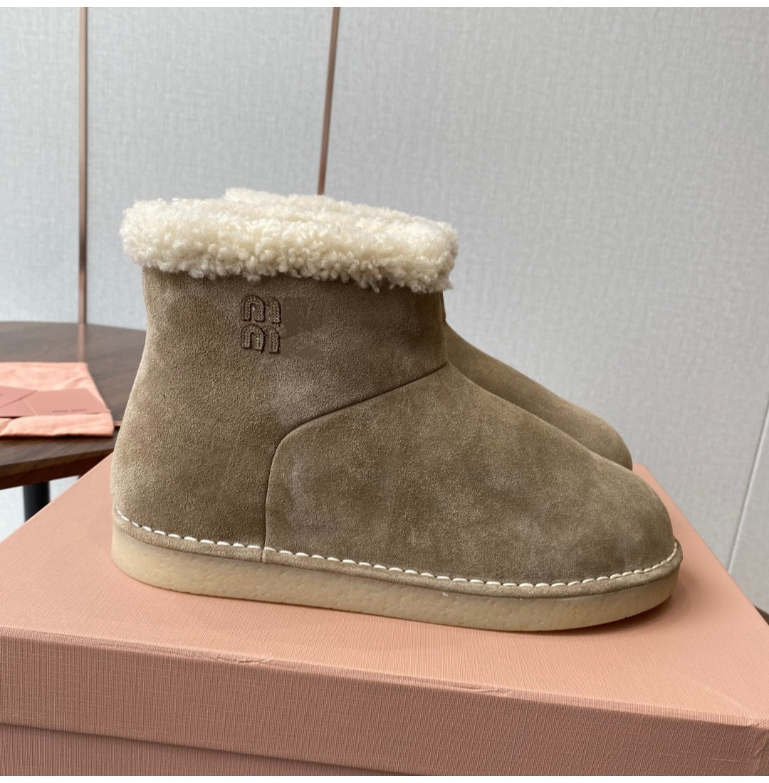 French Style Sheepskin Thick-Soled Snow Boots Round Toe Cow Suede Patchwork Warm Short Boots Versatile Flat Short Cotton Boots