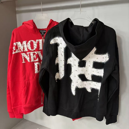 MIXED EMOTION rhinestone letter zip hoodie g2