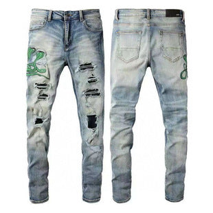 American Style Trendy Brand Jeans for Men with Patch Embroidery High Street Basic Ripped Skinny Fashion Casual Stretch Straight Long Pants