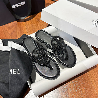 TB Women's Slippers 2025 Summer New Diamond Flip-Flops Beach Foreign Trade  Large Size Sandals Slippers