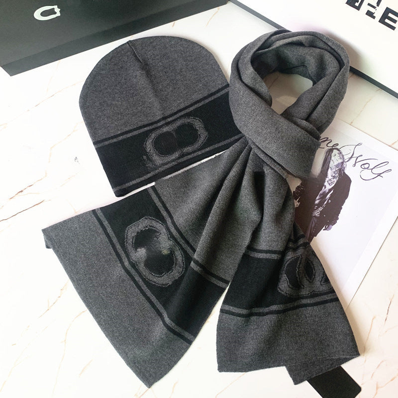 European and American Style Scarf Hat Two-Piece Suit Knitted Men's Wool Leather Tag Scarf Chess Plaid Warm Boys Scarf