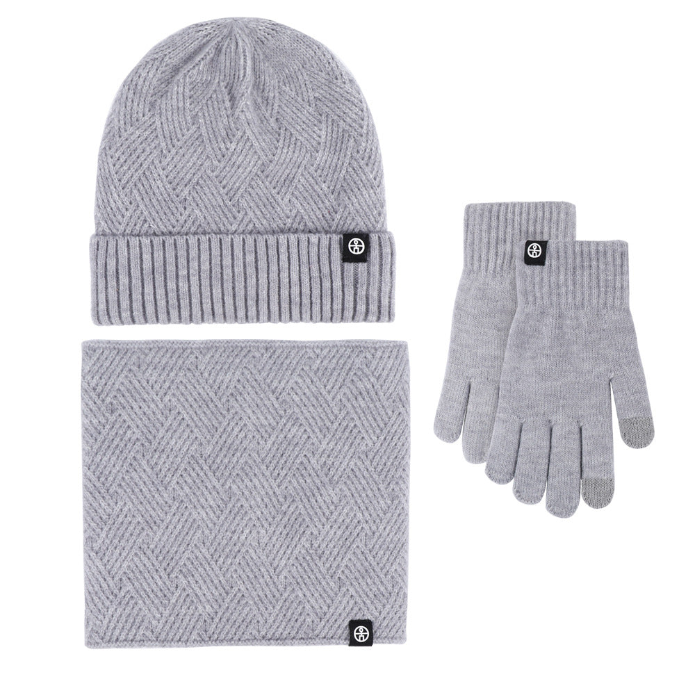 Winter neck warm three-piece hat, scarf and gloves three-piece knitted and fleece-thickened winterproof wool suit