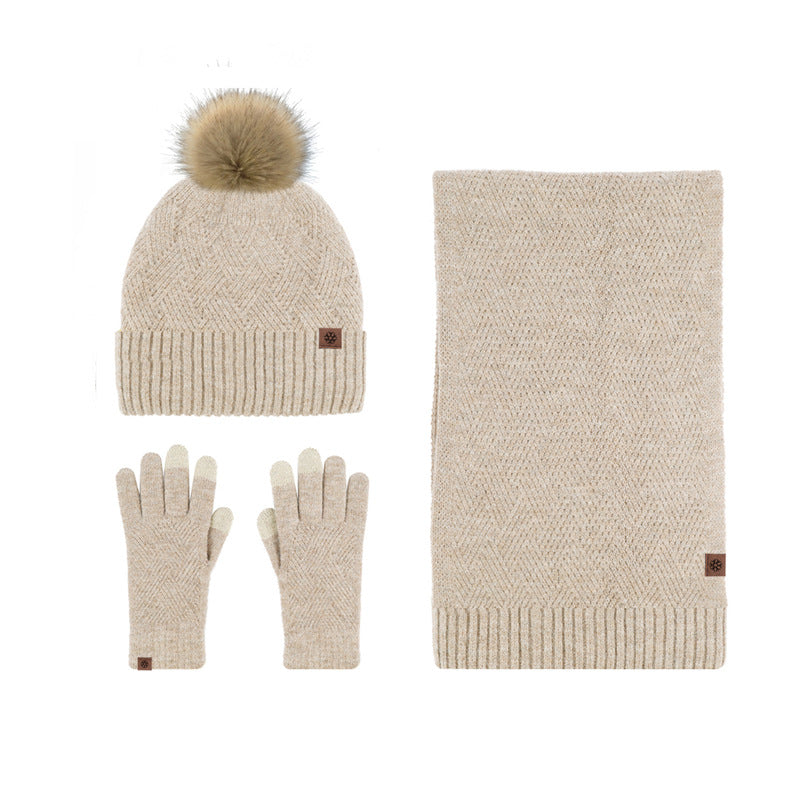 New Solid Color Wool Warm Hat Scarf Gloves Three-Piece Set Cold-Proof Fur Ball Fleece-lined Knitting Suit