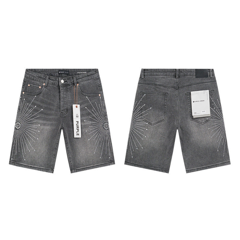 GMABCD Men's Vintage Distressed Patchwork Denim Shorts – Straight-Leg Streetwear – detail view 10