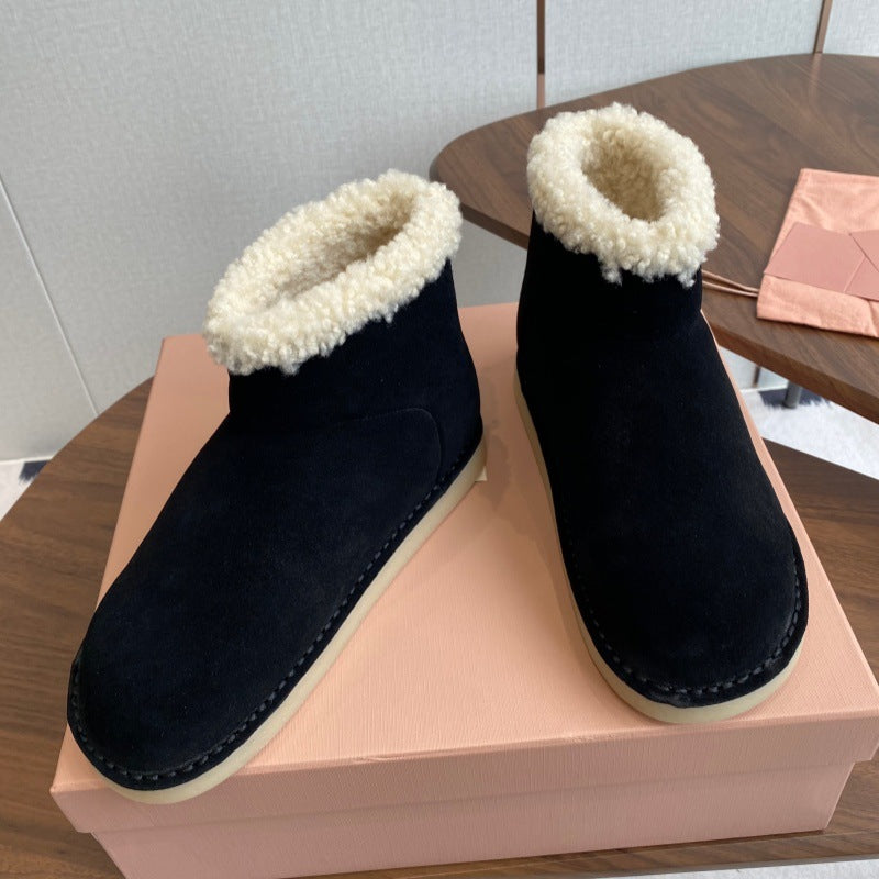French Style Sheepskin Thick-Soled Snow Boots Round Toe Cow Suede Patchwork Warm Short Boots Versatile Flat Short Cotton Boots