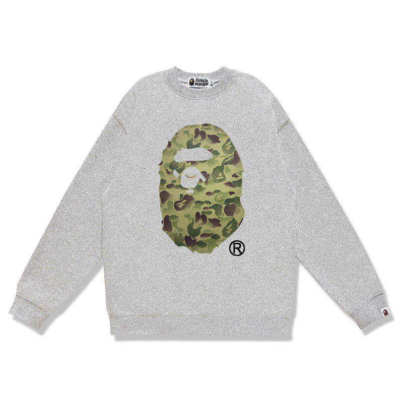 Terry Sweatshirt with Ape Man Letter Print, Unisex, Pure Cotton, Loose Fit, Thin, Crew Neck Pullover Top, Outerwear