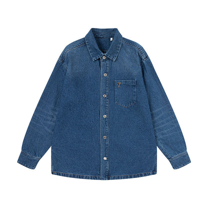 Trendy Brand Am* Small Heart Embroidered Shirt Casual Loose Fit Unisex Couple Style Amy Cotton Long Sleeve Top(2)