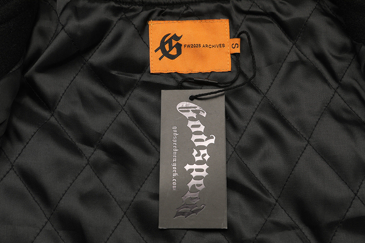 GODSPEED Heavy Embroidery PU Leather Patchwork Jacket Coat Unisex Woolen Padded Baseball Jacket