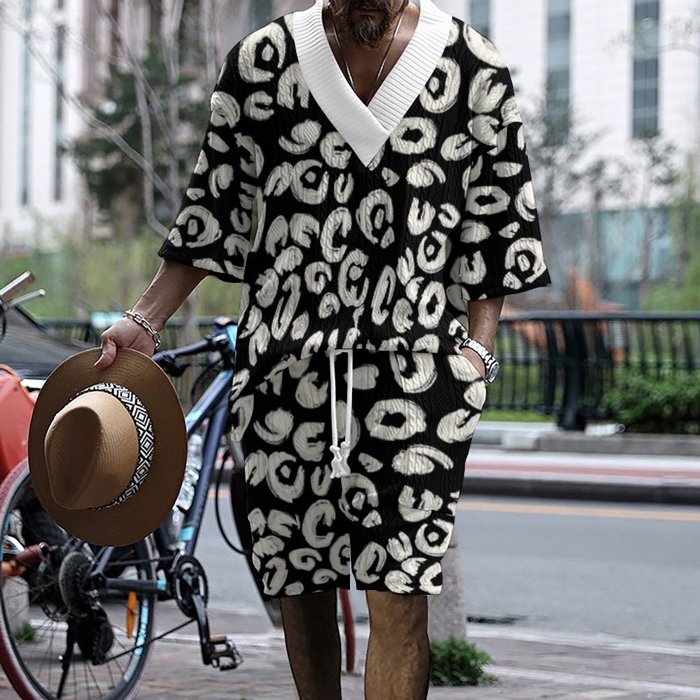 Graffiti Print Men's Three-Quarter Sleeve Short Sleeve Shorts Oversize Drop Shoulder Casual Set