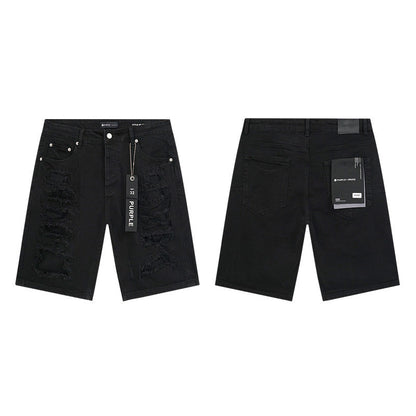 GMABCD Men's Vintage Distressed Patchwork Denim Shorts – Straight-Leg Streetwear – detail view 11