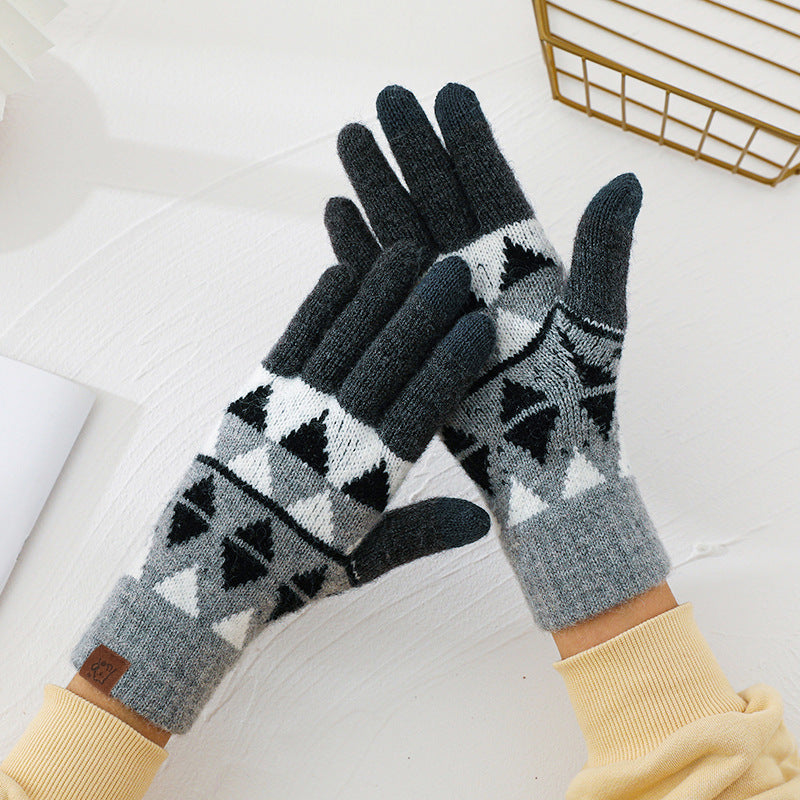 2024 Winter Popular Japanese Wool Knitted Plaid Gloves Fleece-lined Thickened Cycling Five-Finger Touch Screen Warm Gloves