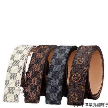 New Men's Belt Smooth Buckle Waist Belt Letter Youth Plaid Pattern Belt Korean Style Trendy Casual Versatile