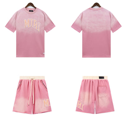 Ami Summer Washed and Worn Casual Letter American T-shirt Loose Men's and Women's Same Shorts Suit