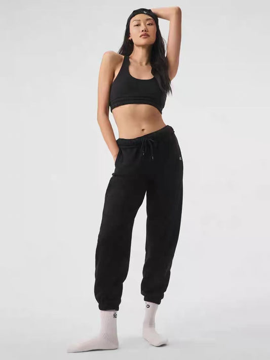 Fleece-Lined A-L-O Cuffed Sweatpants Loose Fit Elastic Waistband Joggers Unisex Casual Pants