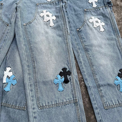 Top Heavy Industry Crafted CH Double Knee Cross Patch Leather B01 Version Logging Pants Straight Leg Sanskrit Workwear Pants High Street Jeans