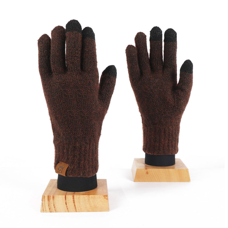 2024 Winter Popular Japanese Wool Knitted Plaid Gloves Fleece-lined Thickened Cycling Five-Finger Touch Screen Warm Gloves