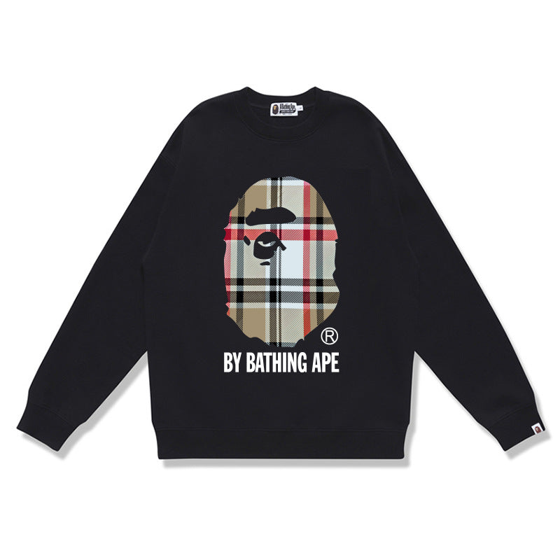 Terry Sweatshirt with Ape Man Letter Print, Unisex, Pure Cotton, Loose Fit, Thin, Crew Neck Pullover Top, Outerwear