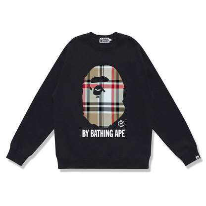 Terry Sweatshirt with Ape Man Letter Print, Unisex, Pure Cotton, Loose Fit, Thin, Crew Neck Pullover Top, Outerwear