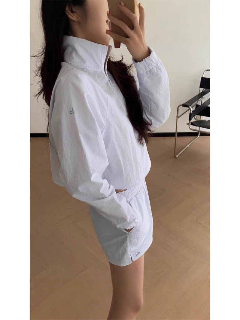 A-L Half-Zip Sun Protection Jacket Short Cropped Stand Collar Set Women's Sports Casual Pullover Top + Shorts