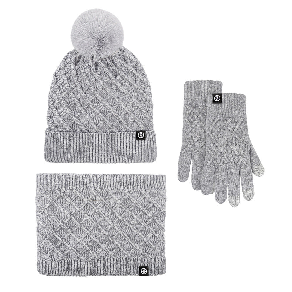 Winter Warm Woolen Hat Scarf Gloves Three-Piece Suit Windproof Adult Knitted Hat Three-Piece Set