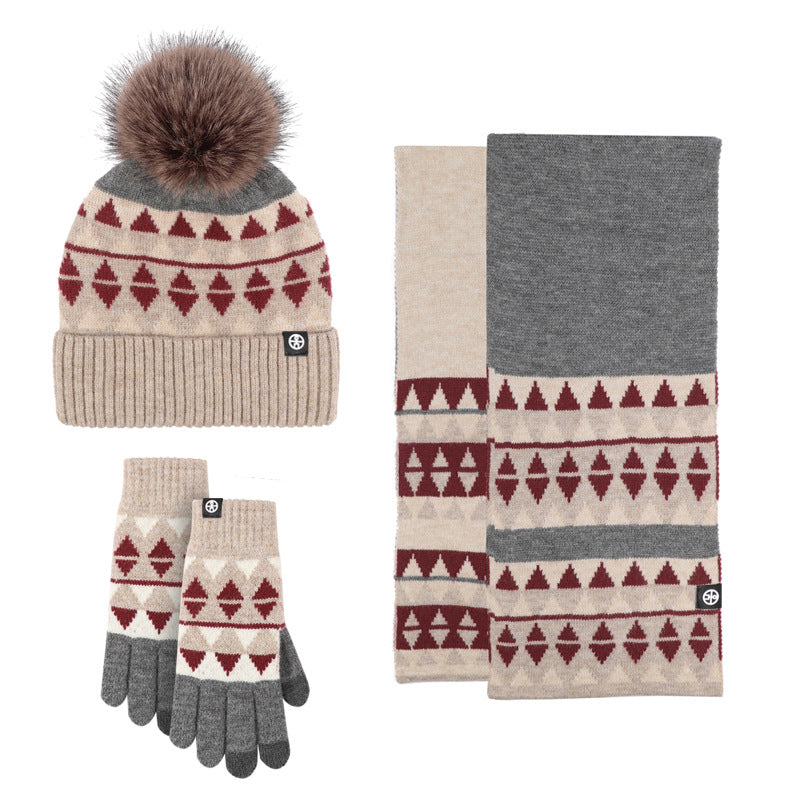 Winter New Japanese Style Knitting Gloves Scarf Hat Three-Piece Set Wool Warm Cold-Proof Fur Ball Scarf Three-Piece Set