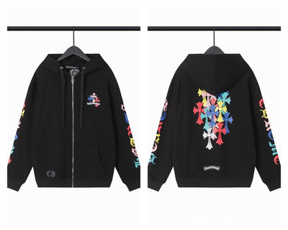 CH Autumn Winter New Cross Scroll Simple Classic Hooded Sweatshirt Zipper Pure Cotton Jacket