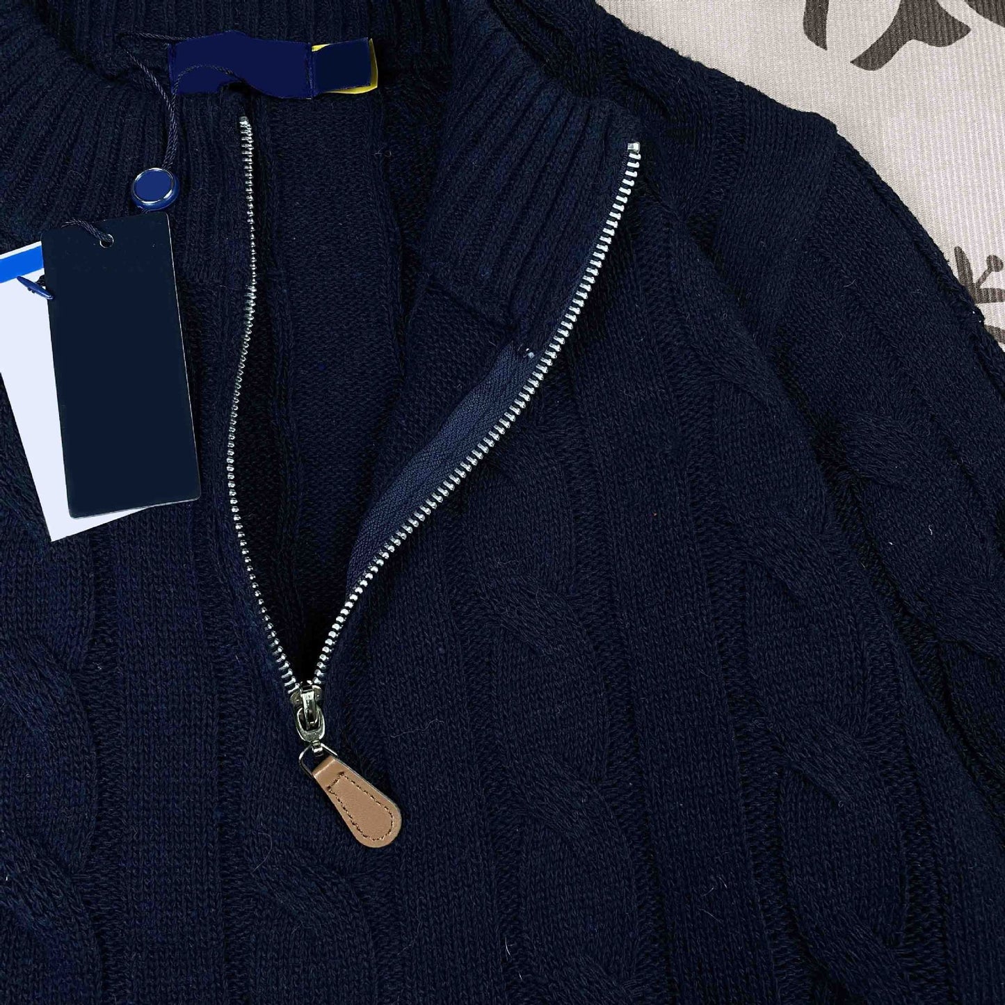 Real Shot RL Raffi Pony Label Embroidered Knit Sweater Men Autumn Winter Stand Collar Cable Couple Half Zip Sweater Women