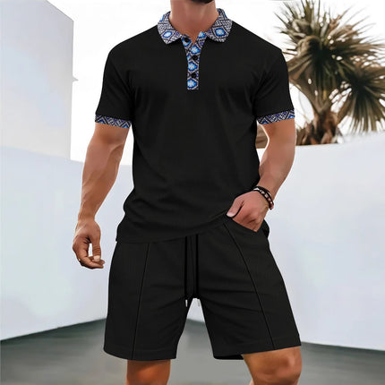 Men's New Waffle Zipper Solid Color Turn-Down Collar Short Sleeve T-Shirt Shorts Casual Set