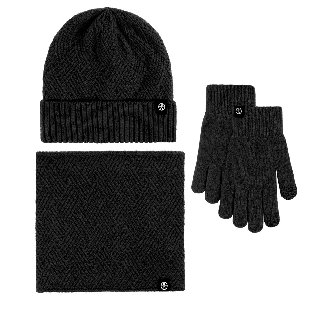 Winter neck warm three-piece hat, scarf and gloves three-piece knitted and fleece-thickened winterproof wool suit