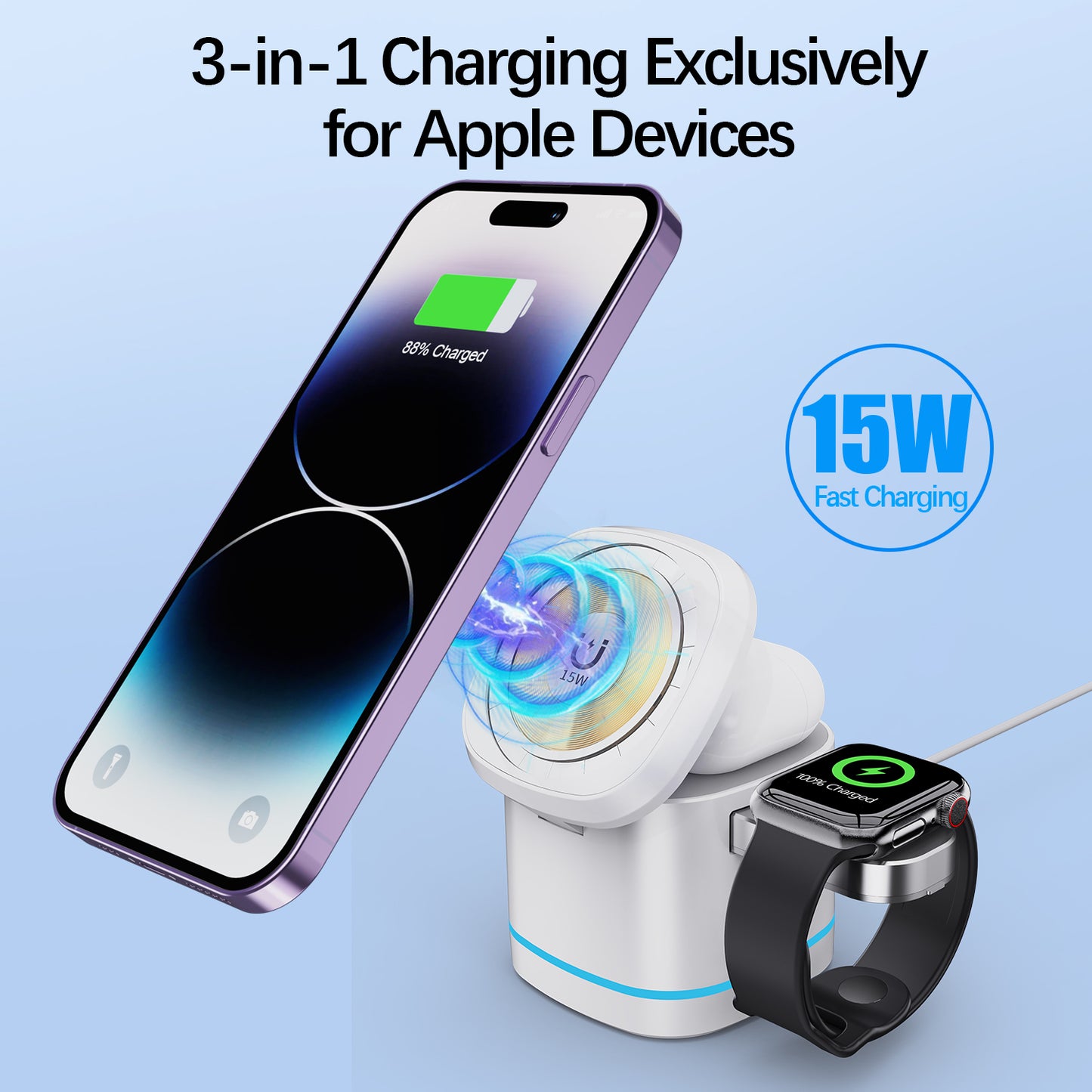 Magnetic suction 3-in-1 Wireless charge Exclusivelyfor Apple Devices Portable hidden wireless charge 15W for iPhone 12/13/14 Series,iwatch,airpods