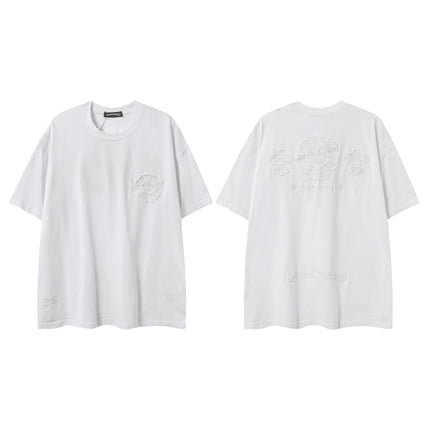 2025 New CHRM Heart Cross Sanskrit Patch Print Embroidery Loose Short Sleeve for Men and Women