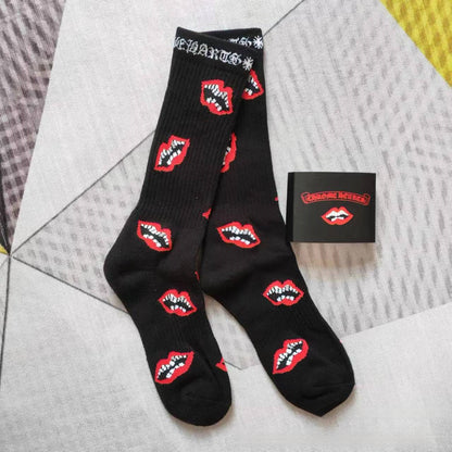 GM CHeart Socks CH Striped Letter Red Lip Embroidery Logo Towel Bottom Sports Trendy Socks