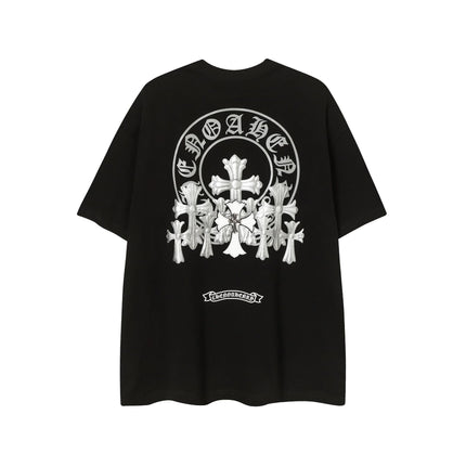 2025 New CHRM Heart Cross Sanskrit Patch Print Embroidery Loose Short Sleeve for Men and Women