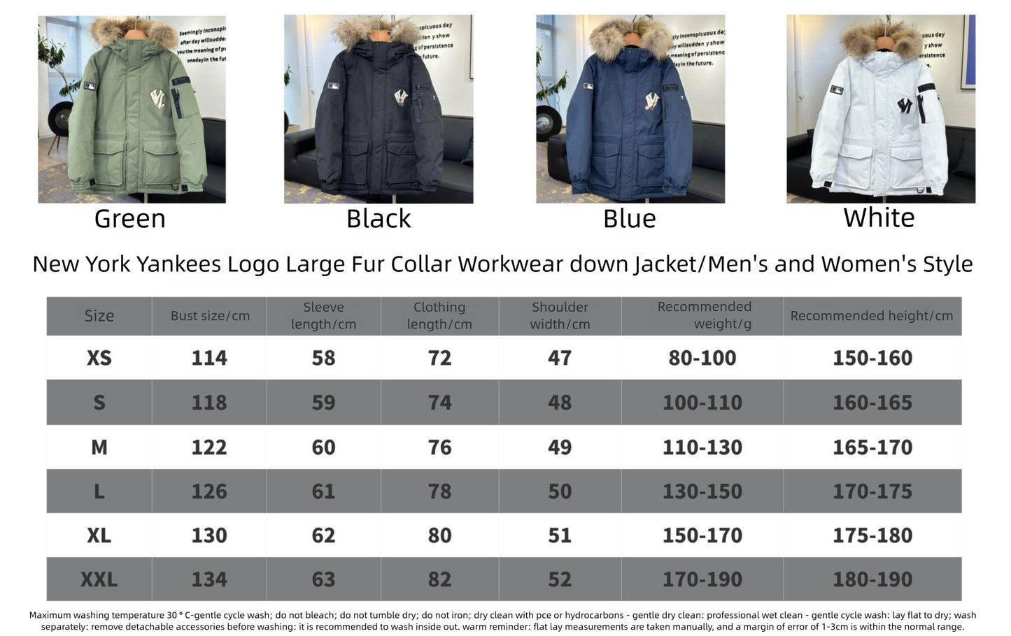GM-M-LB Unisex Versatile Hooded Down Jacket with Large Fur Collar, Couple's Mid-Length Thickened Waterproof Workwear Coat