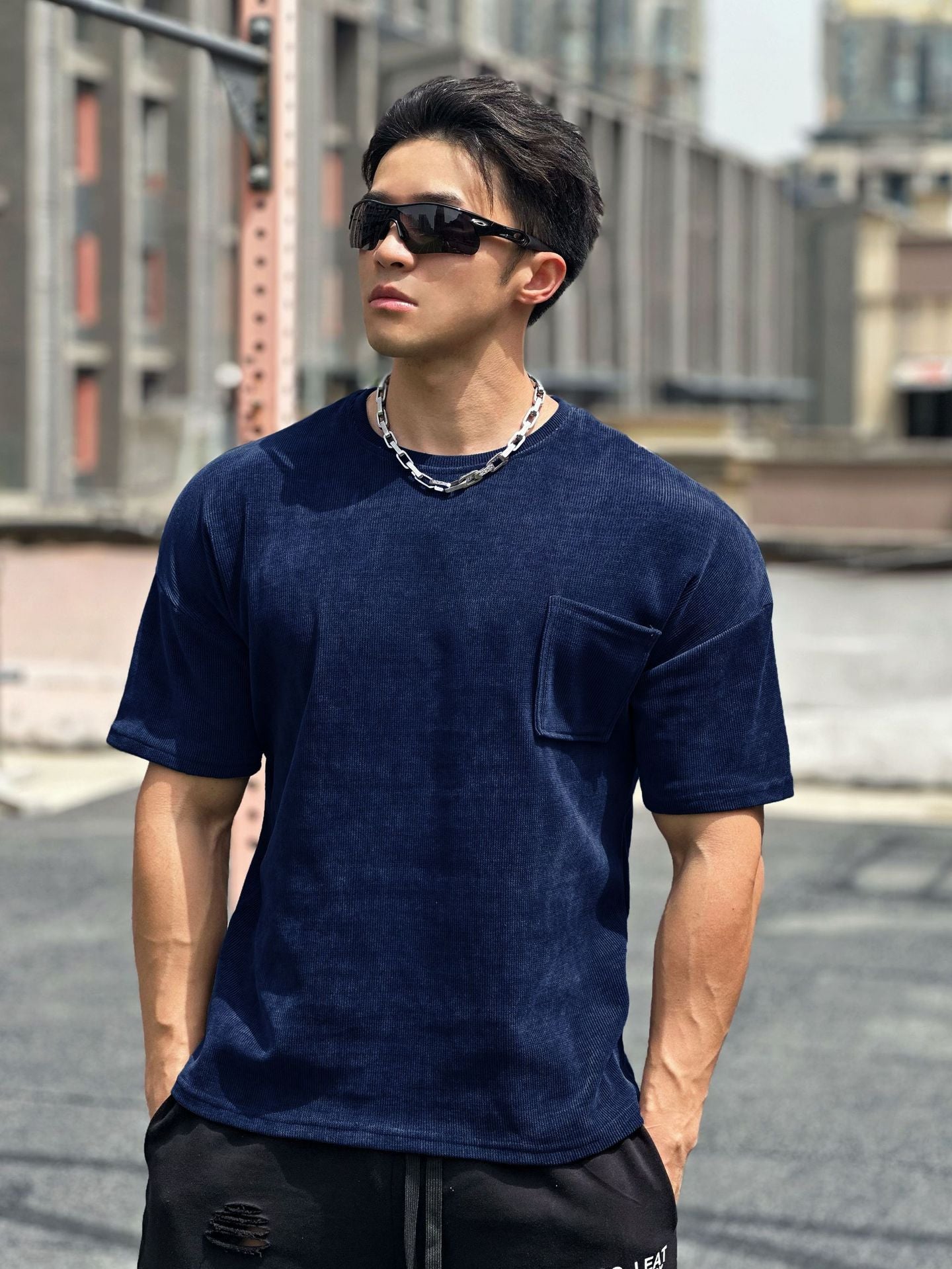 New Muscle Fitness Brothers Sports Men's T-Shirt Spring Summer Round Neck Corduroy Casual Running Men's Pocket T-Shirt