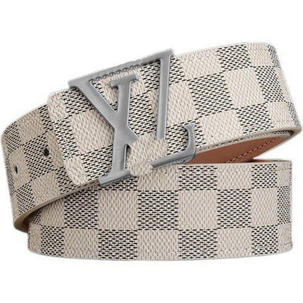 New Men's Belt Smooth Buckle Waist Belt Letter Youth Plaid Pattern Belt Korean Style Trendy Casual Versatile