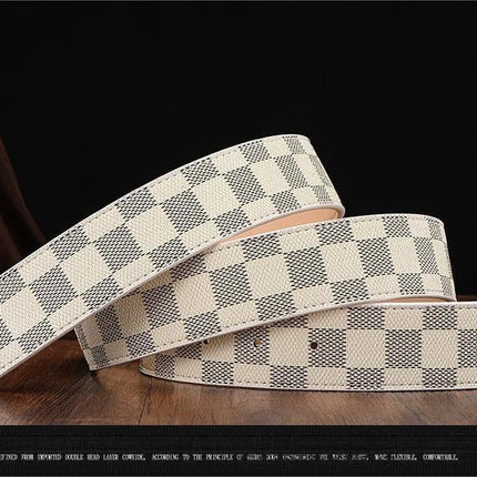 New Men's Belt Smooth Buckle Waist Belt Letter Youth Plaid Pattern Belt Korean Style Trendy Casual Versatile