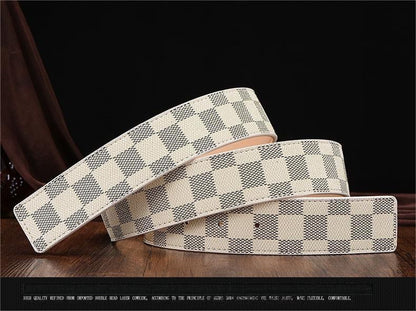 New Men's Belt Smooth Buckle Waist Belt Letter Youth Plaid Pattern Belt Korean Style Trendy Casual Versatile