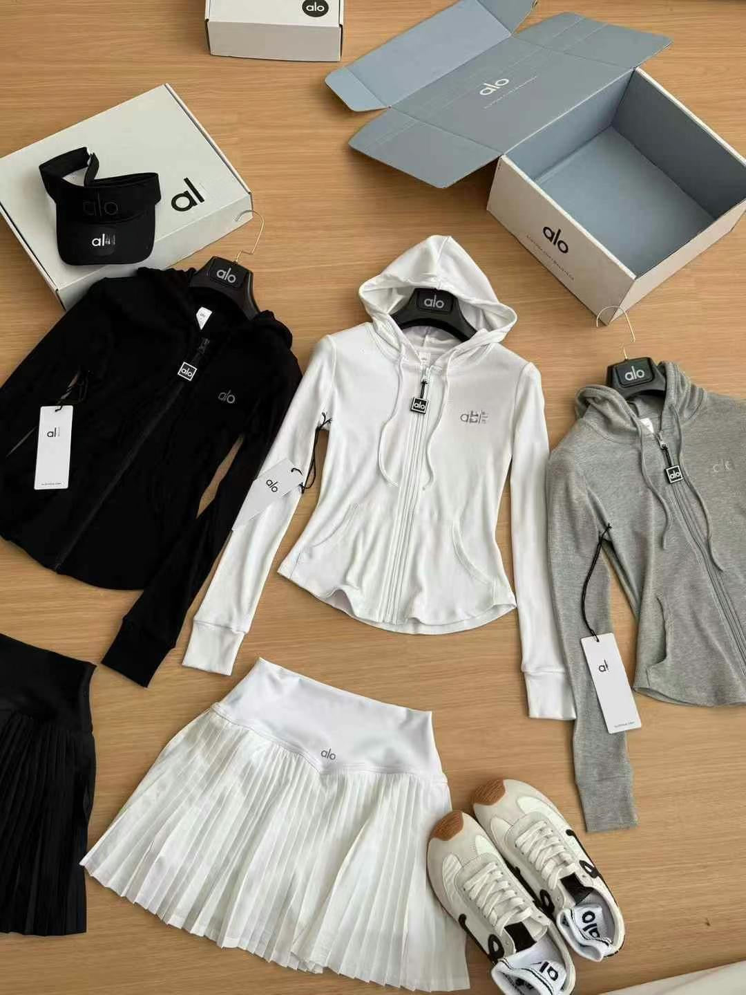 A-L High-Quality Hooded Zipper Jacket and Pleated Skirt Set Two-Piece Slim Fit Versatile Yoga Sports